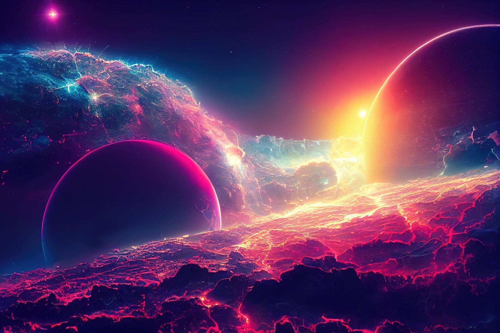 The sun illuminates the planets in space. In black space, the stars shine brightly. Between the planets formations of cosmic dust. The Sun illuminates the surfaces of the planets. 3D illustration